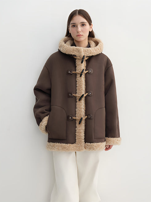 Color-Contrast Shearling Hooded Coat for Women — Mid-Length Faux Sheepskin Jacket with Raw-Edge Trim