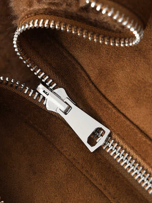 100% Wool-Lined Vintage Brown Faux Suede Jacket – Thick Reversible Shearling-Style Coat for Women