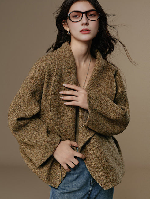 Women's Wool Tweed-Effect Coat with Sculptural Lapel and Asymmetric Front Closure – Structured Winter Overcoat