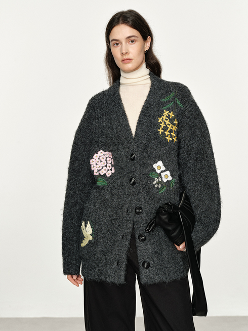 Women's Relaxed Vintage-Inspired Embroidered Wool-Blend V-Neck Knit Cardigan – Loose-Fit Sweater Outerwear