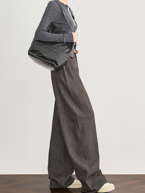 Amber Flow Tencel Brown Curved-Leg Wide-Leg Denim Pants for Women – Thickened Sickle-Cut Jeans for Fall & Winter