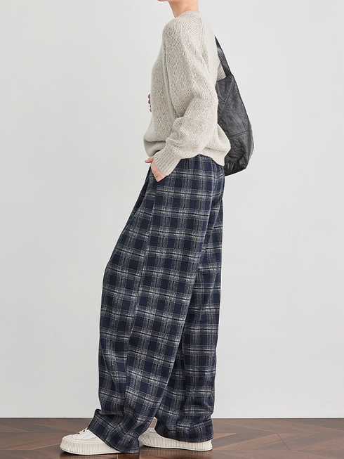 Women's Blue Plaid Wide-Leg Pants – Fall/Winter Casual Jogger Sweatpants with Curved Seam, Flattering Fit