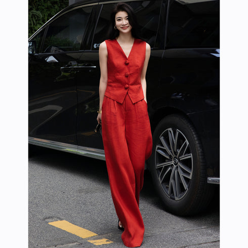Women’s Linen Two-Piece Set – Rose Button Vest Top & Wide-Leg Pants, Casual Old Money Style