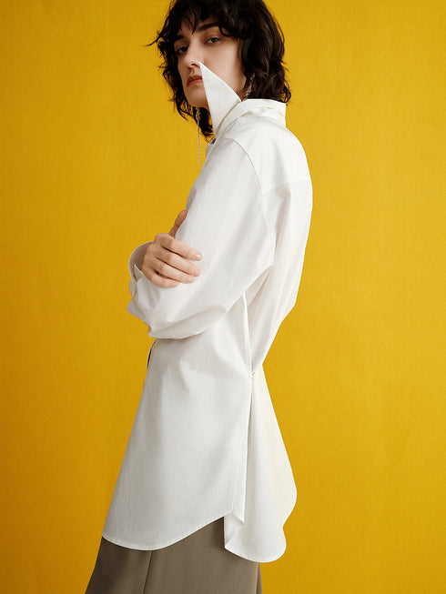 Designer Cotton Scissor-Collar Shirt | Two-Way Tie-Waist Oversized Blouse in Pure Combed Cotton