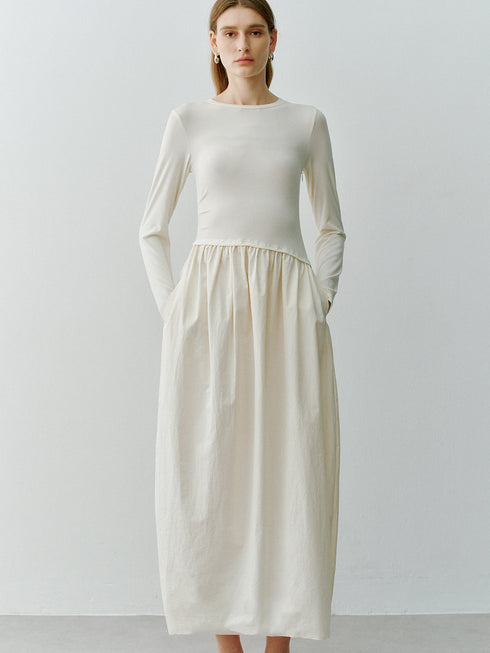 Women's Minimalist Smart-Style Long-Sleeve T-Shirt Dress with Cotton-Feel Panels – Elegant Maxi Bubble Skirt