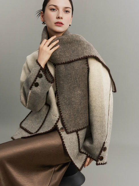 Women's Minimal Luxury Gradient Wool Double-Faced Coat with Detachable Color-Block Scarf – Mid-Length Winter Overcoat