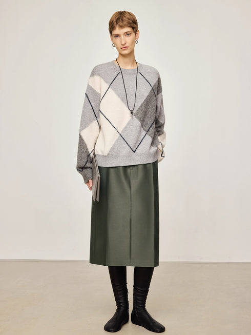 45mm Heavyweight Silk-Wool Luxe Skirt | Minimalist Straight Midi Skirt with Elastic Waist & Button Placket