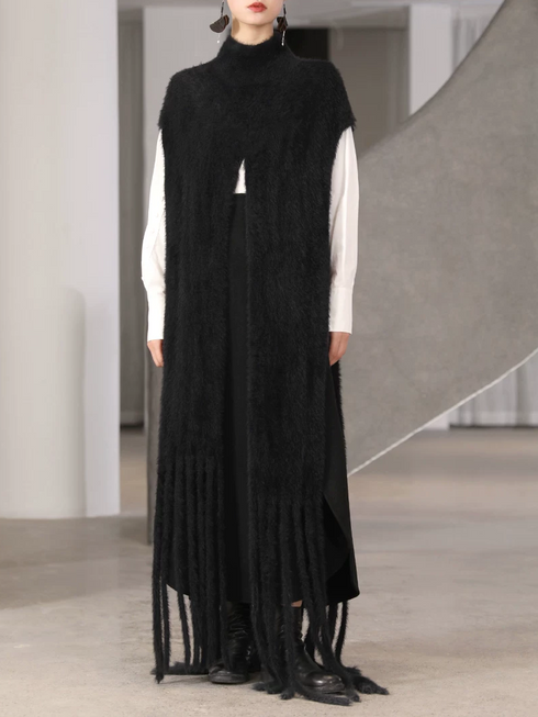 Women's Half-Turtleneck Knit Poncho with Asymmetric Hem and Fringe – Cozy Open-Front Sweater Cape