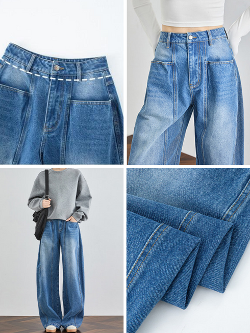 Women's High-Waist Extended Curved Seam Jeans – Loose Wide-Leg Scythe Pants for Tal