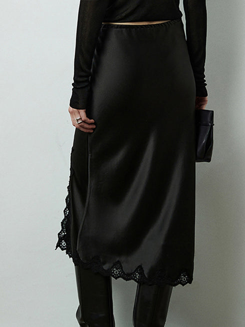 French Elegant Acetate Lace Slit Midi Skirt — Boudoir-Inspired Custom Craft Skirt for Women
