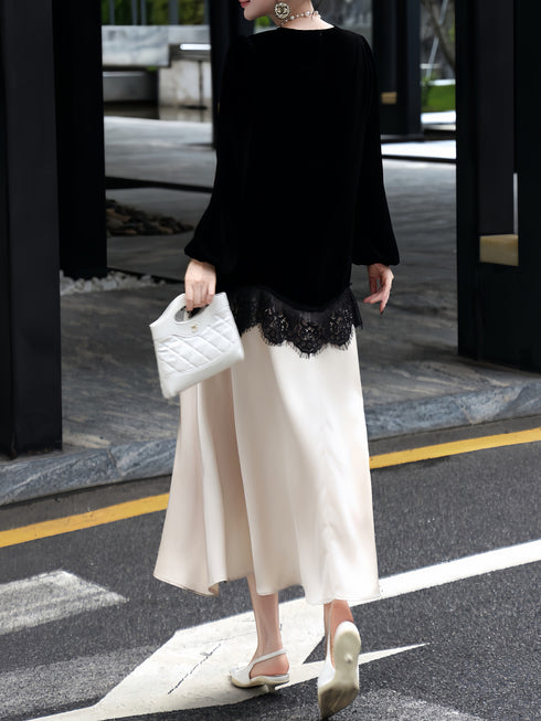 Casual Round Neck Long-Sleeve Dress – Silk & Lace Patchwork, Color Blocking, Loose Fit