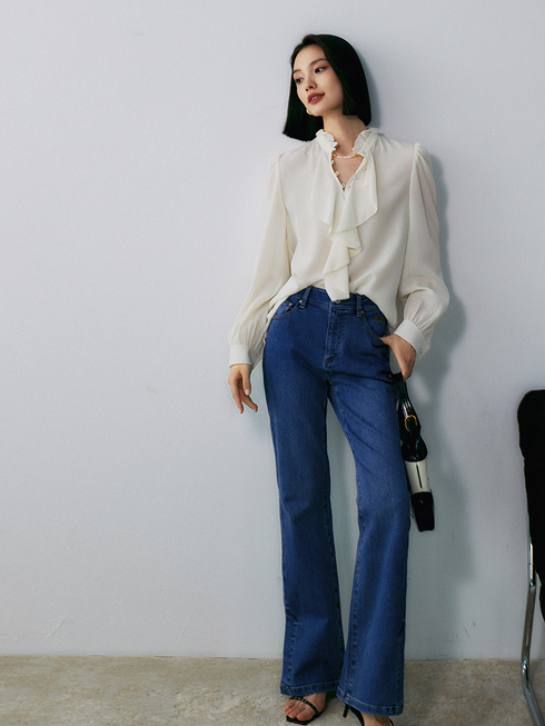 Women's Limited-Edition Heavyweight Crinkled Waffle Silk Ruffle Blouse – Elegant Fall Statement Shirt