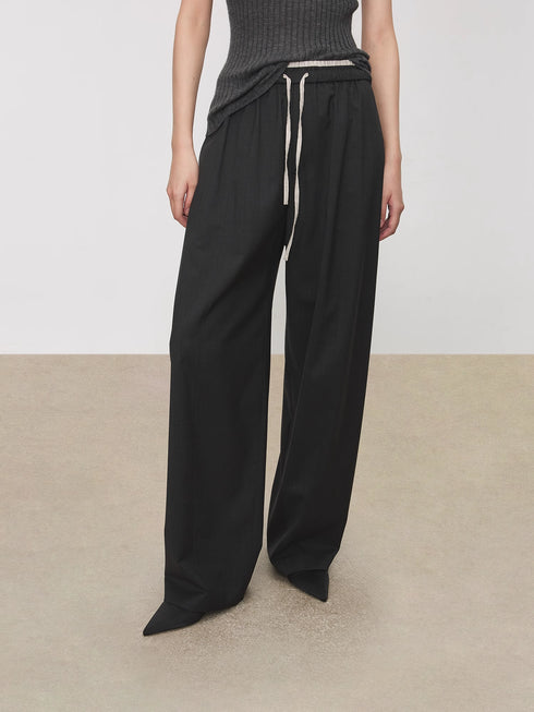 Women's Striped Balloon Pants – Italian Machine-Washable Wool & Linen Blend Elastic Waist Curved Hem Trousers