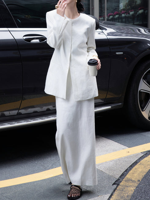 Autumn Old Money Style Set – 100% Linen Round-Neck Blazer & Midi Skirt Two-Piece