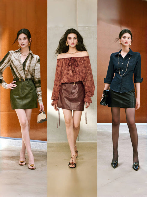 Easy-Care Matte Eco-Friendly Protein Leather Skirt – Marbled Light & Shadow H-Line, Short & Midi Lengths