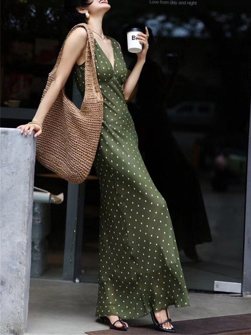 Mulberry Silk V-Neck Vest-Style Polka Dot Print Dress - French Elegant Long Dress