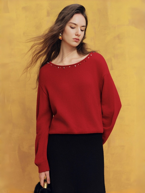 Wool Beaded Christmas Sweater for Women – New Cozy Relaxed-Fit Knit Top