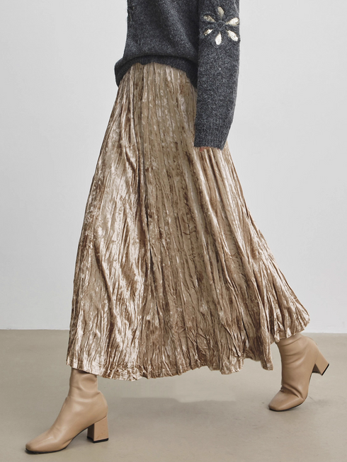 Champagne Velvet Pleated Skirt for Women — High-Waist Long A-Line Winter Skirt