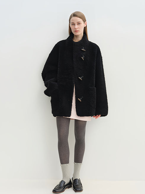 Stand-Collar Textured 100% Wool Shearling Coat for Women — Mid-Length Faux Sheepskin Outerwear