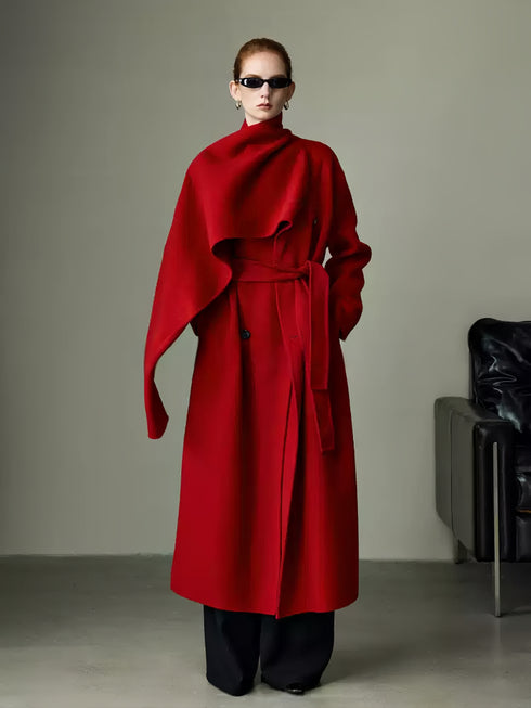 Cape-Style Christmas Red Double-Faced Wool Coat for Women – Elegant Long Scarf-Collar Woolen Overcoat