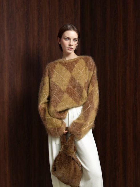 Heavyweight Brushed Knit Vintage Diamond-Pattern Sweater for Women