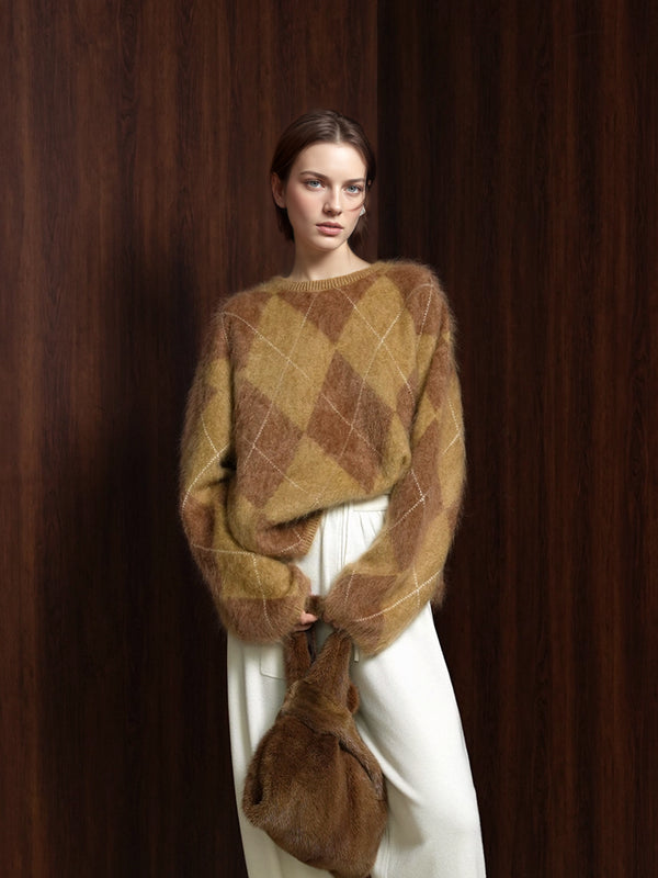 Heavyweight Brushed Knit Vintage Diamond-Pattern Sweater for Women