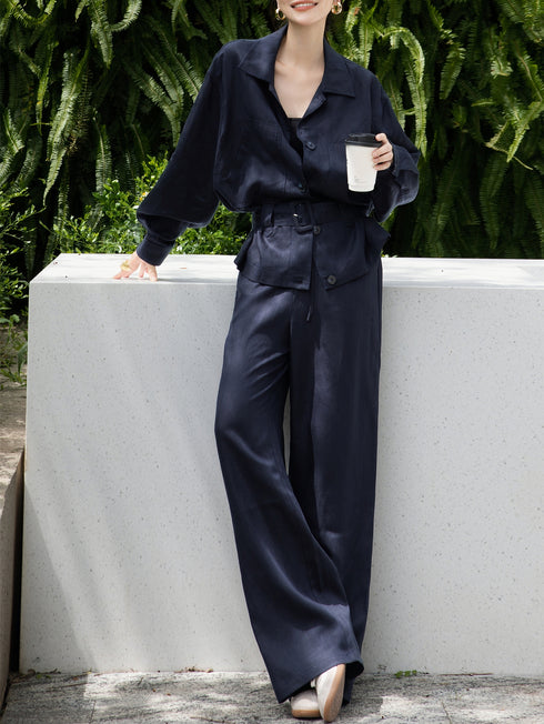 Autumn Fashion Set for Women – Linen Tie-Front Blouse & Wide-Leg Pants Three-Piece Suit