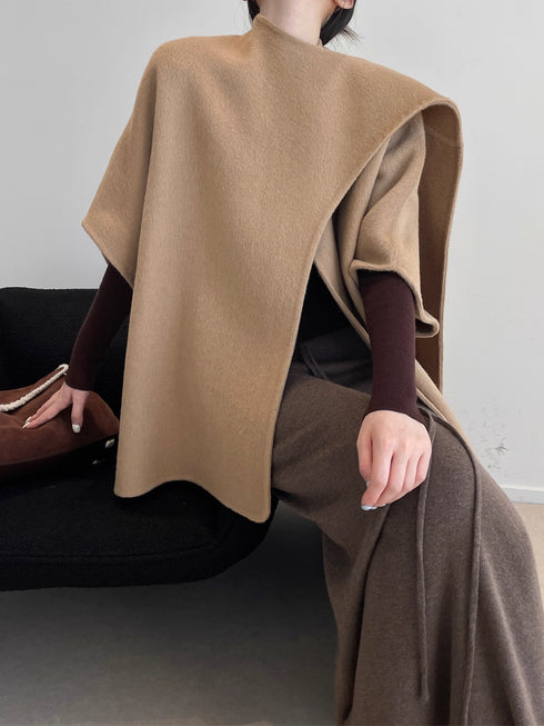 Tencel Wool Double-Faced Shawl Cape Coat for Women | Asymmetric Art-Inspired Deconstructed Design