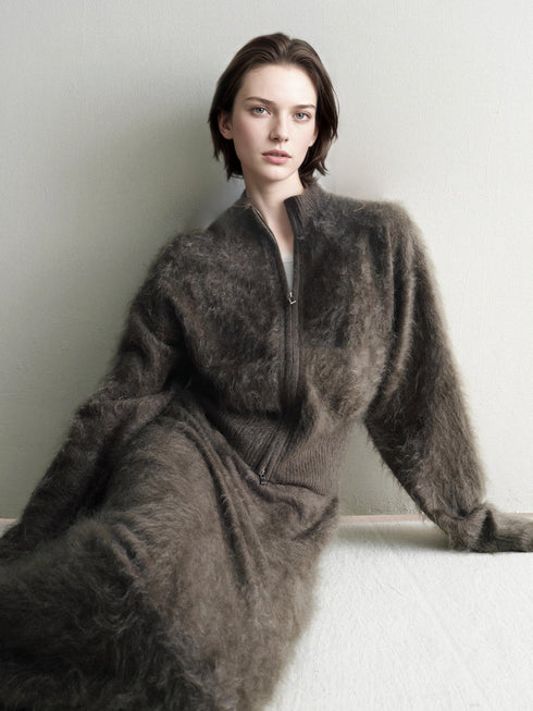 Luxury Brushed 100% Cashmere Stand-Collar Zip-Up Cardigan | Soft Fleece-Like Knit Sweater for Women