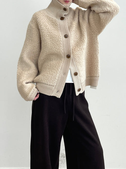 100% Wool Bouclé Knit Stand Collar Sweater Jacket for Women | Heavyweight Thick Textured Wool Cardigan