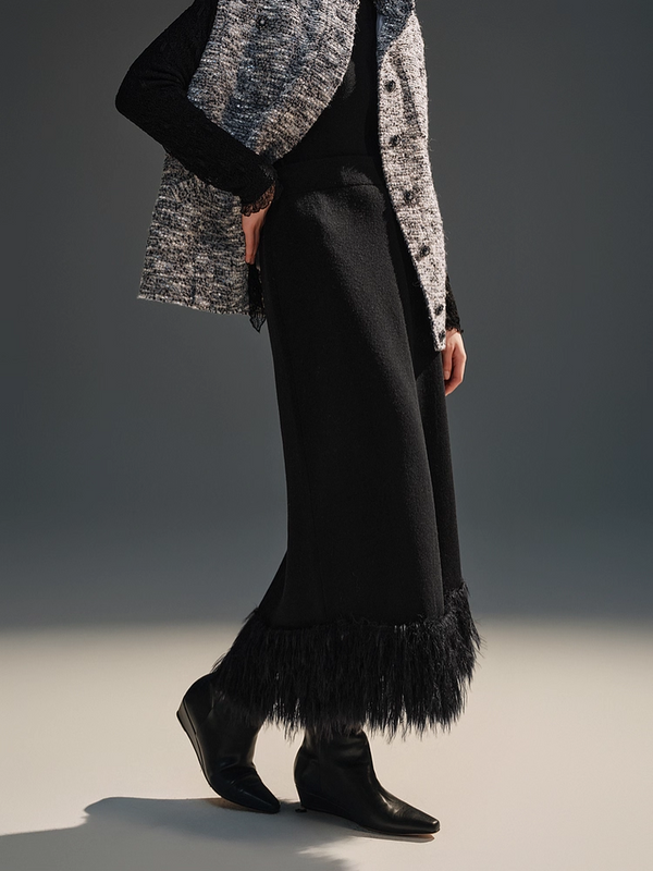 Double-Layer Thick Wool Cross-Stitch Tassel Sequin Embellished Knit Midi Skirt