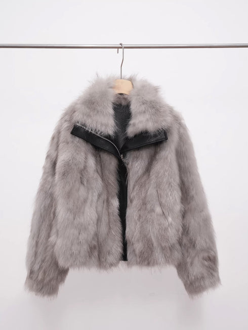 Women’s Reversible Suede Jacket with Raccoon Fur Collar | Short Winter Biker Coat
