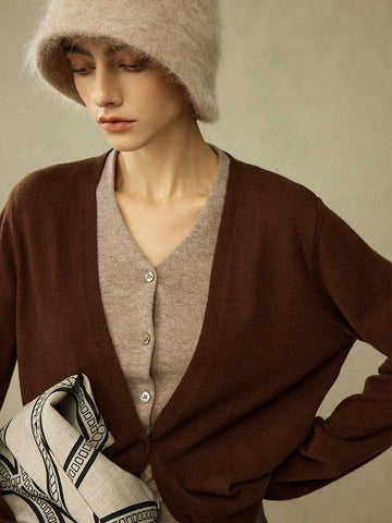 Elegant Wool Knit Cardigan | V-Neck Fake Two-Piece Design | Versatile Autumn Winter Sweater Coat for Women