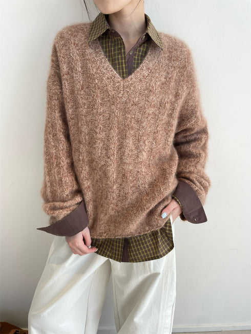 Women’s Wool Cashmere V-Neck Ribbed Knit Sweater | Soft Brushed Pullover with Relaxed Fit