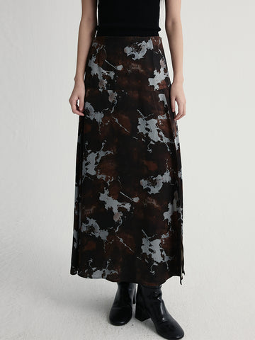 Marble Print Side Slit A-Line Skirt | Elastic Waist Long Midi Skirt
