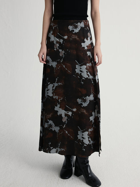 Marble Print Side Slit A-Line Skirt | Elastic Waist Long Midi Skirt