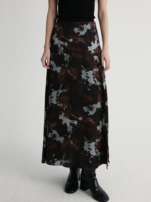 Marble Print Side Slit A-Line Skirt | Elastic Waist Long Midi Skirt