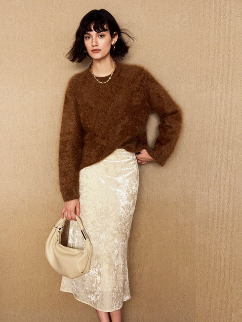 Glimmering Waves Vintage Gold-Flecked Fish Tail Skirt | Stretch Velvet Midi Skirt