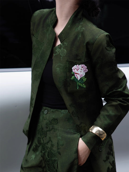 Embroidered Beaded Jacquard Suit Set – Sophisticated Blazer & Wide-Leg Pants