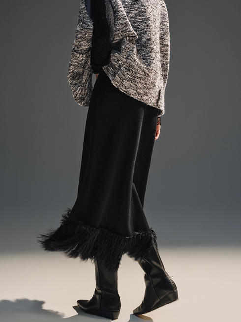 Double-Layer Thick Wool Cross-Stitch Tassel Sequin Embellished Knit Midi Skirt