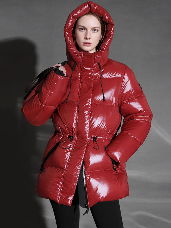 Glossy Hooded Down Jacket for Women | Water-Repellent Windproof Insulated Short Puffer Coat