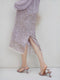 100% Silk Midi Skirt – Light Grey Purple Leopard Floral Print with Lace Hem, Straight Fit