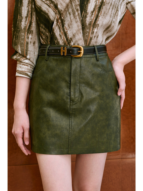 Easy-Care Matte Eco-Friendly Protein Leather Skirt – Marbled Light & Shadow H-Line, Short & Midi Lengths