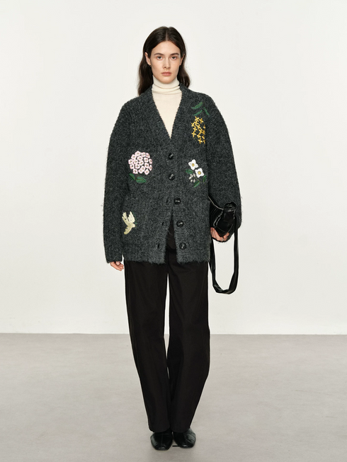 Women's Relaxed Vintage-Inspired Embroidered Wool-Blend V-Neck Knit Cardigan – Loose-Fit Sweater Outerwear
