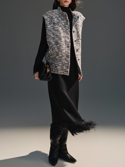 Double-Layer Thick Wool Cross-Stitch Tassel Sequin Embellished Knit Midi Skirt