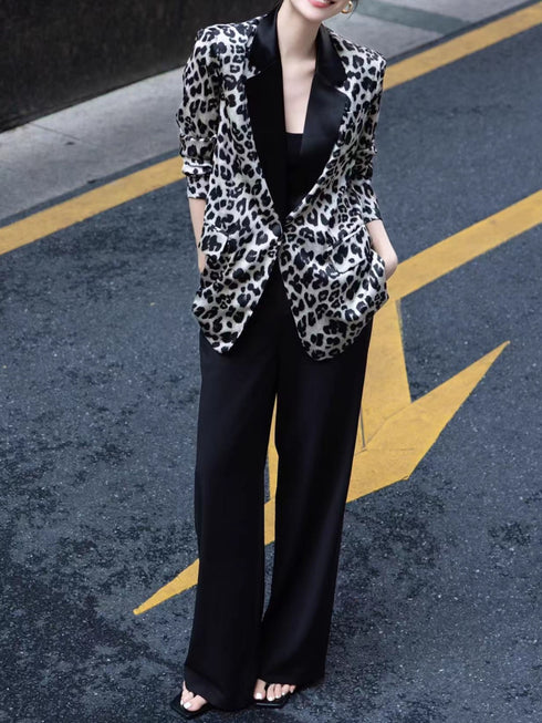 Leopard Print Satin Acetate Blazer – Early Autumn Casual Designer Jacket for Women