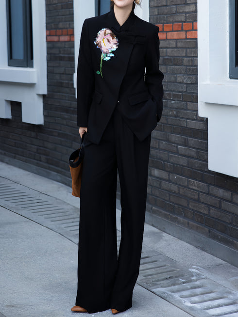 Glamorous Formal Attire | High-End Flower Embroidery & Knot Detailing Blazer & Wide-Leg Pants Set for Gala & Professional Events