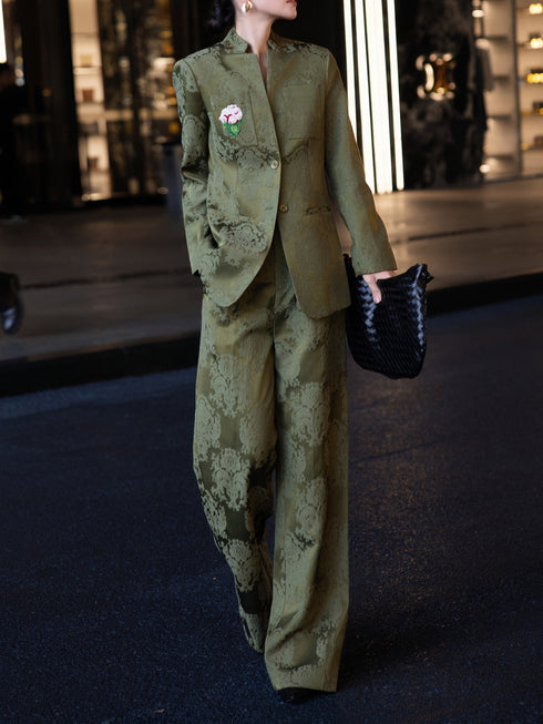 High-End Retro Jacquard Beaded Suit – Wide-Leg Pants Two-Piece Set