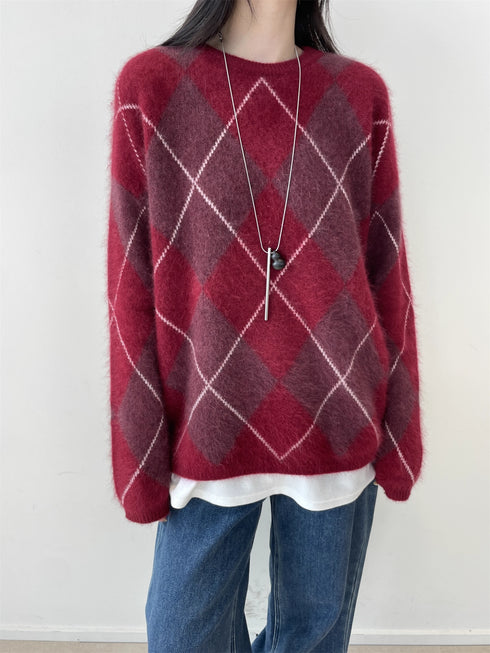 Women’s Wool Cashmere Argyle Knit Sweater | Loose Fit British Style Pullover for Fall Winter