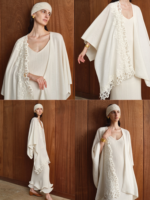 Luxury Quiet-Luxury Merino Wool Cape Shawl with Latte Art Pattern – Soft Elegant Poncho Wrap